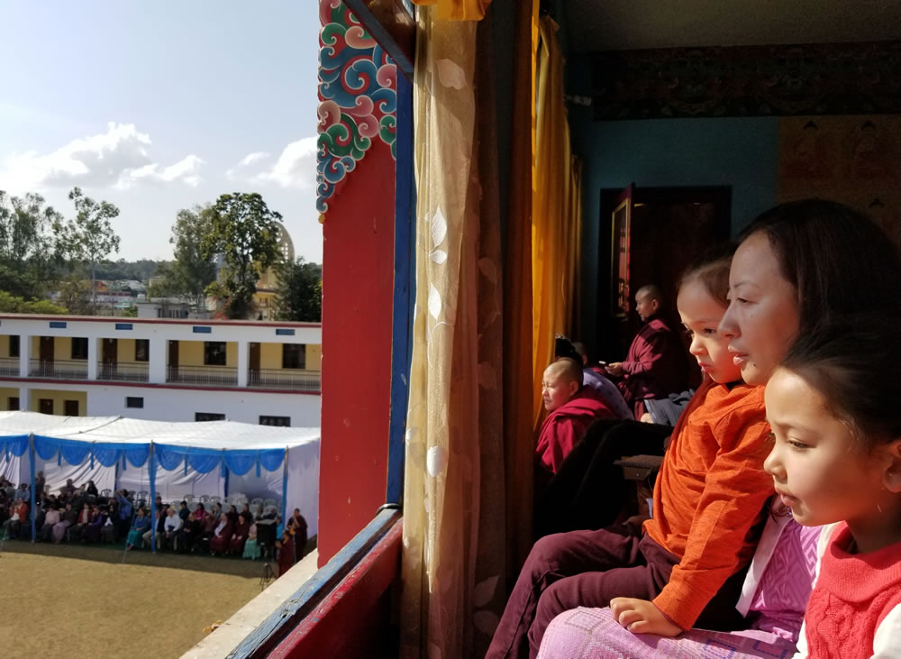 Minling Jetsün Dechen Paldron, Dungse Rinpoche and Jetsün Rinpoche watching the Cham of the Shinje Drekjom Drubchen