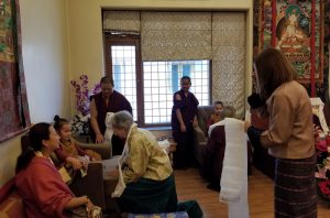 Offering katags to Minling Jetsün Dechen Paldrön, Dungse Rinpoche and Jetsün Rinpoche